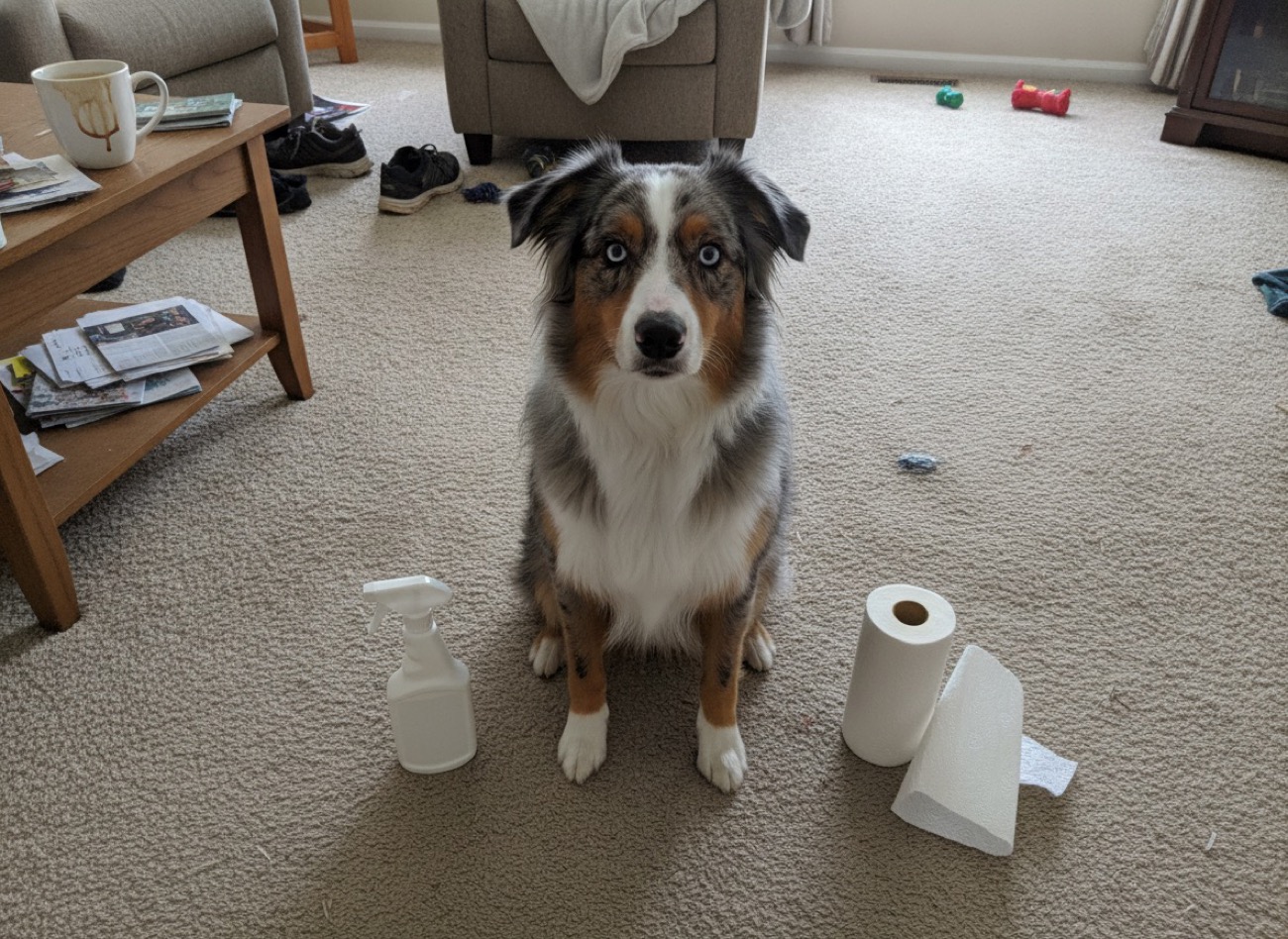 Australian Shepherd sitting next to pet stain remover on carpet